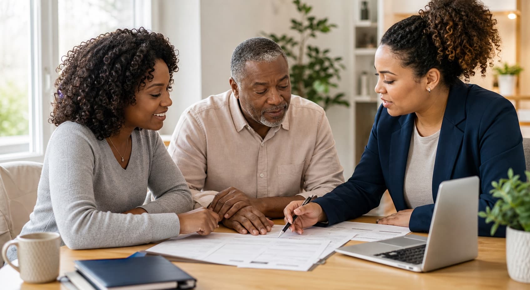 Family reviewing benefit support paperwork with an advisor